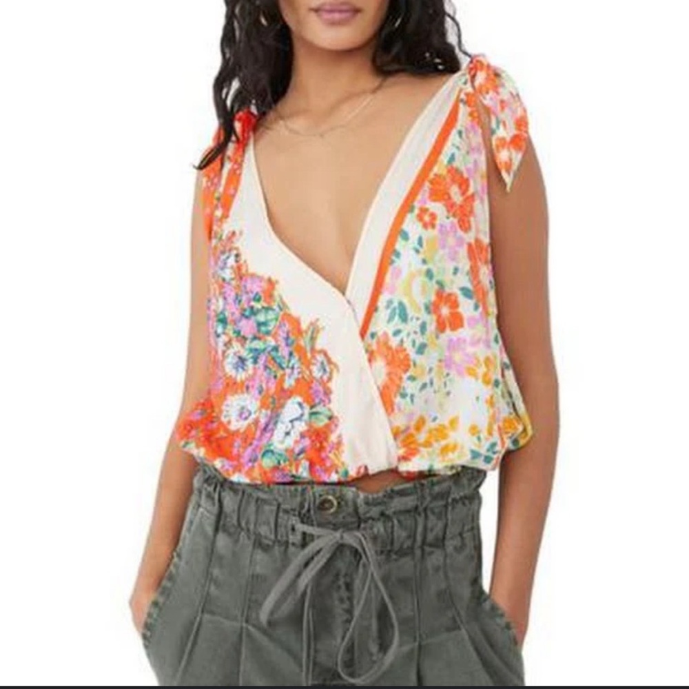 Free People Floral Tie-Shoulder Cropped Wrap Tank - Orange Multi